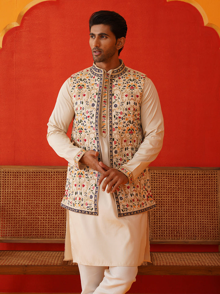 Embroidered Waistcoat &amp; Solid Kurta Pyjama For Men