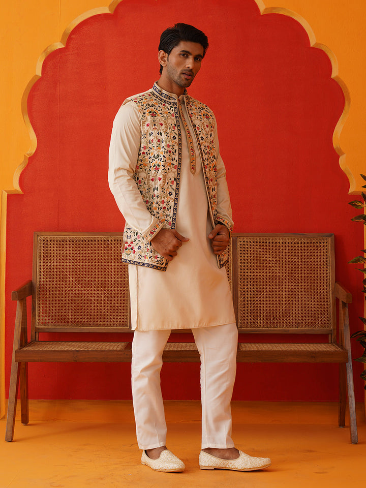 Embroidered Waistcoat &amp; Solid Kurta Pyjama For Men