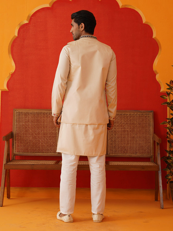 Embroidered Waistcoat &amp; Solid Kurta Pyjama For Men
