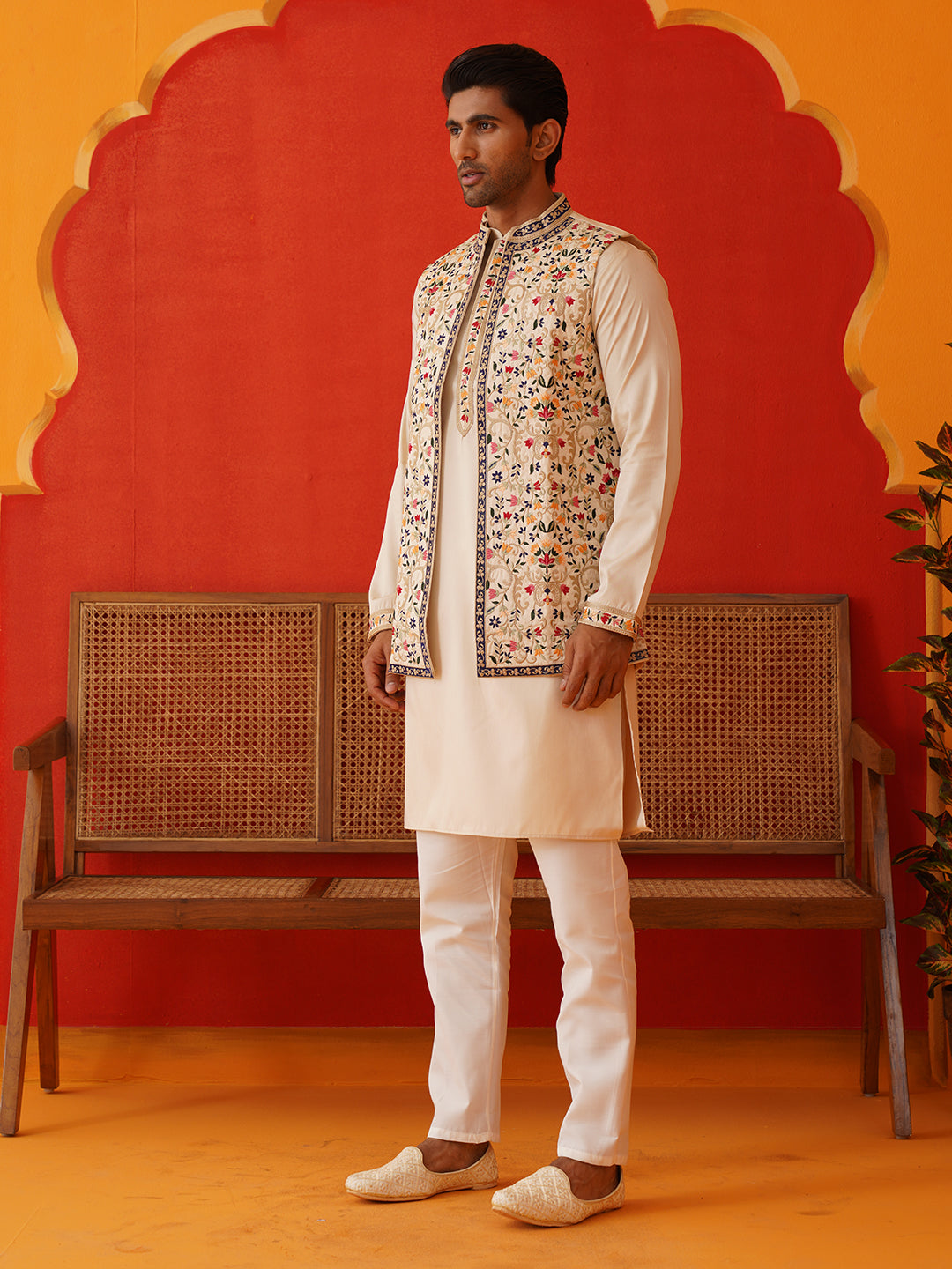 Embroidered Waistcoat &amp; Solid Kurta Pyjama For Men