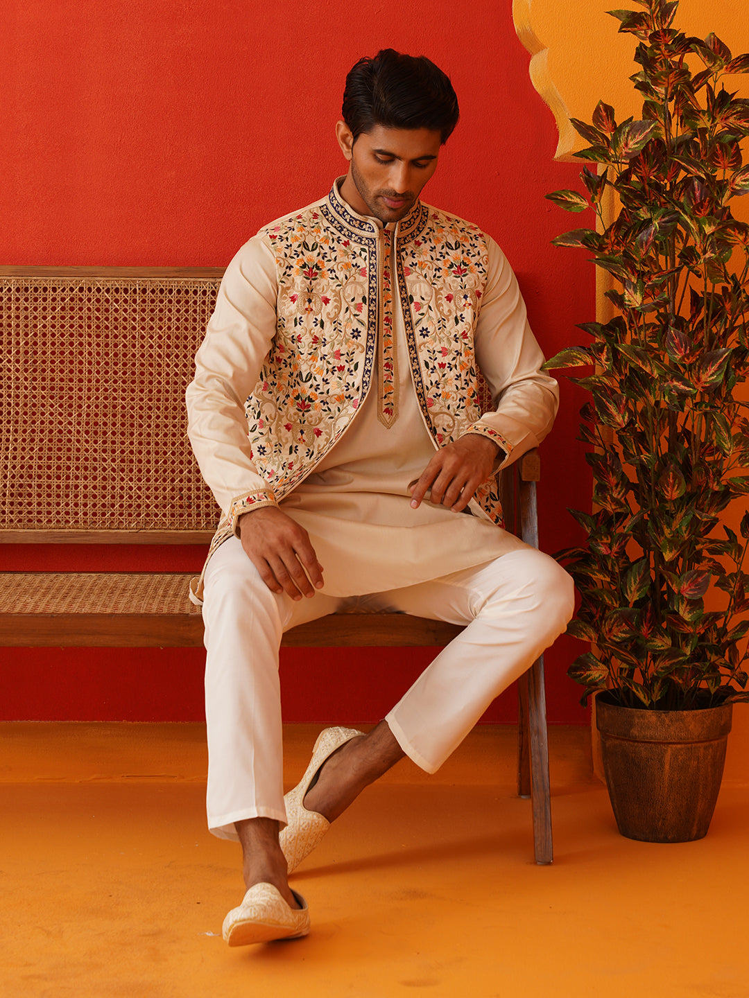 Embroidered Waistcoat &amp; Solid Kurta Pyjama For Men