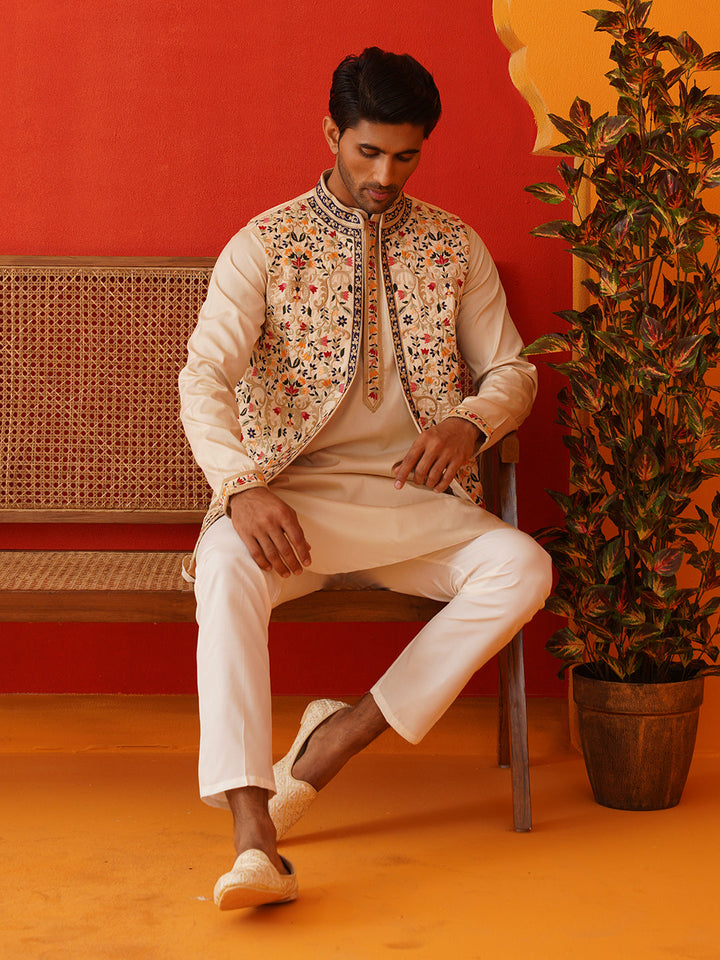 Embroidered Waistcoat &amp; Solid Kurta Pyjama For Men
