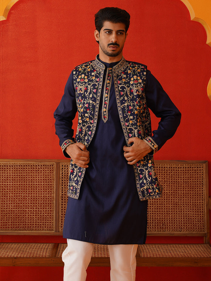 Embroidered Waistcoat &amp; Solid Kurta Pyjama For Men