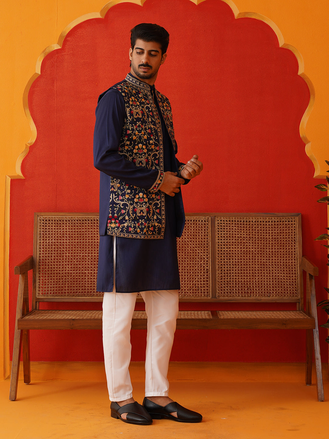 Embroidered Waistcoat &amp; Solid Kurta Pyjama For Men