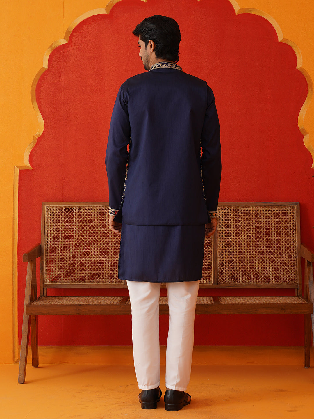 Embroidered Waistcoat &amp; Solid Kurta Pyjama For Men