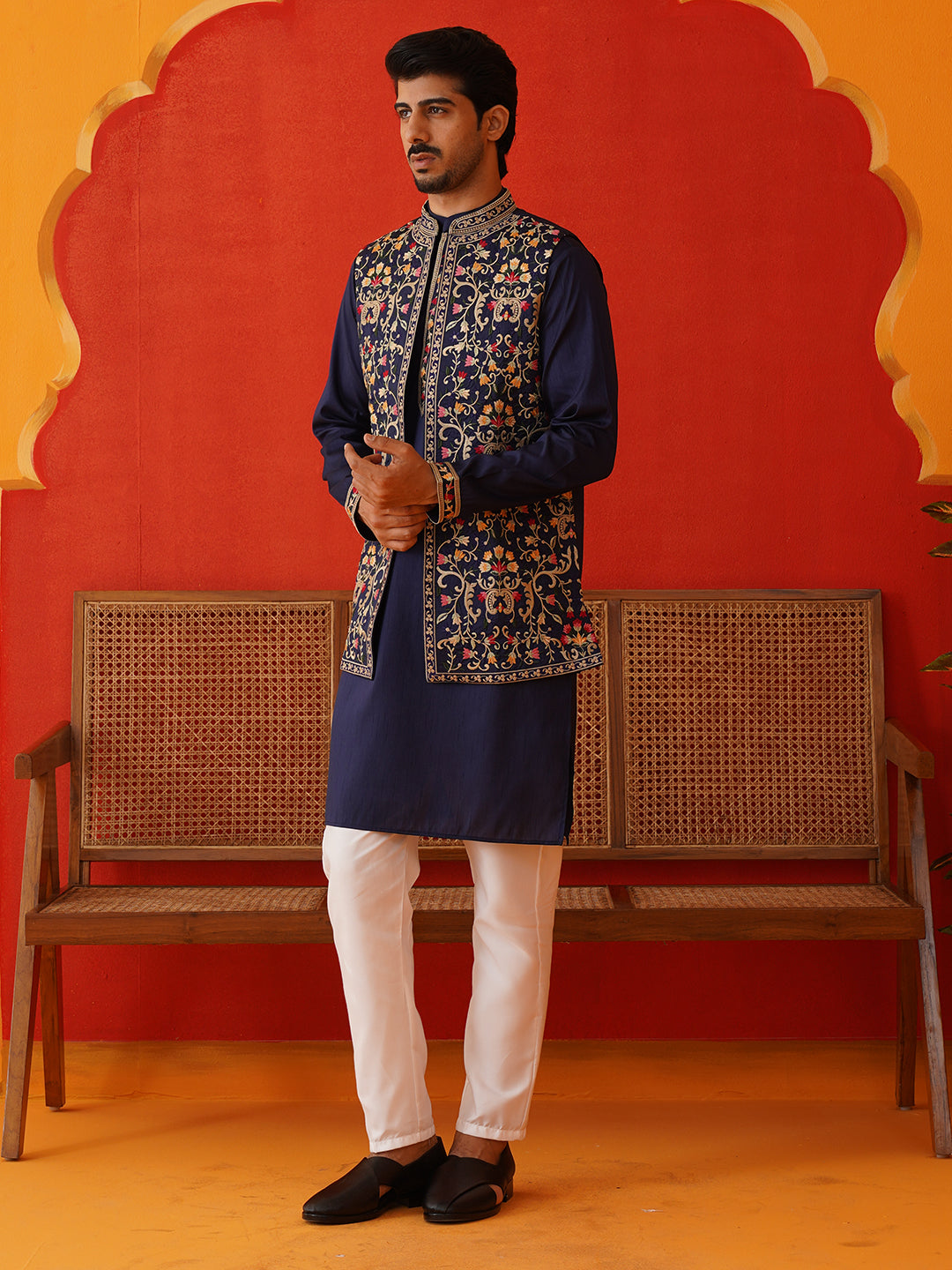 Embroidered Waistcoat &amp; Solid Kurta Pyjama For Men