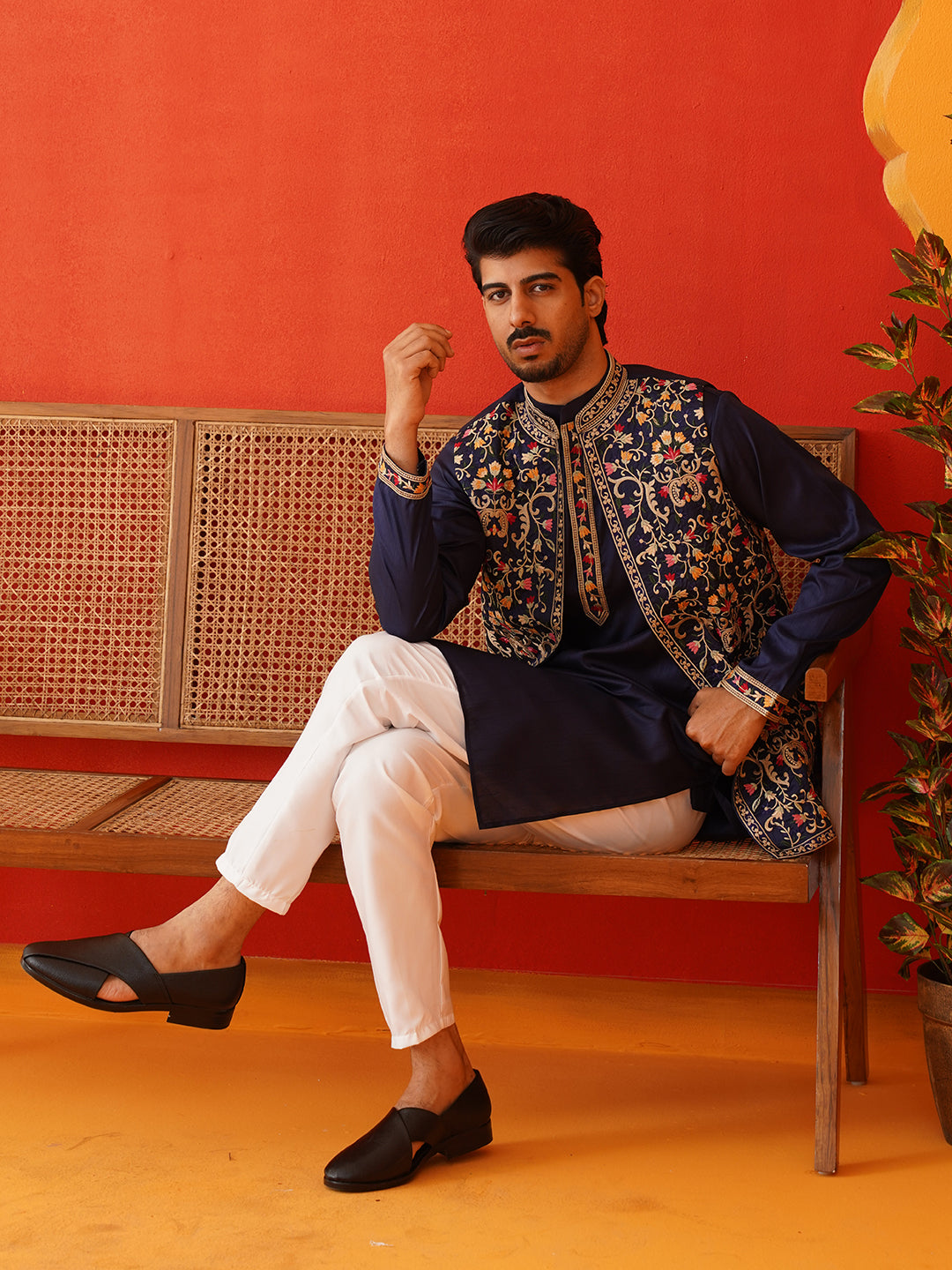 Embroidered Waistcoat &amp; Solid Kurta Pyjama For Men