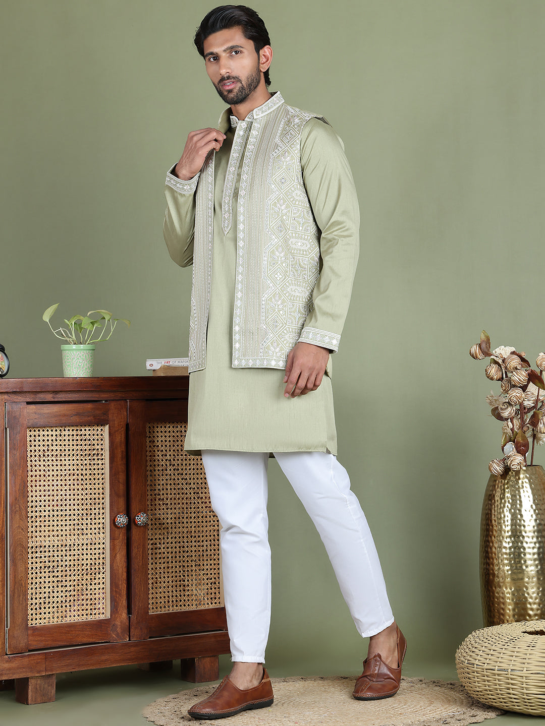Embroidered Waistcoat And Kurta Pyjama For Men