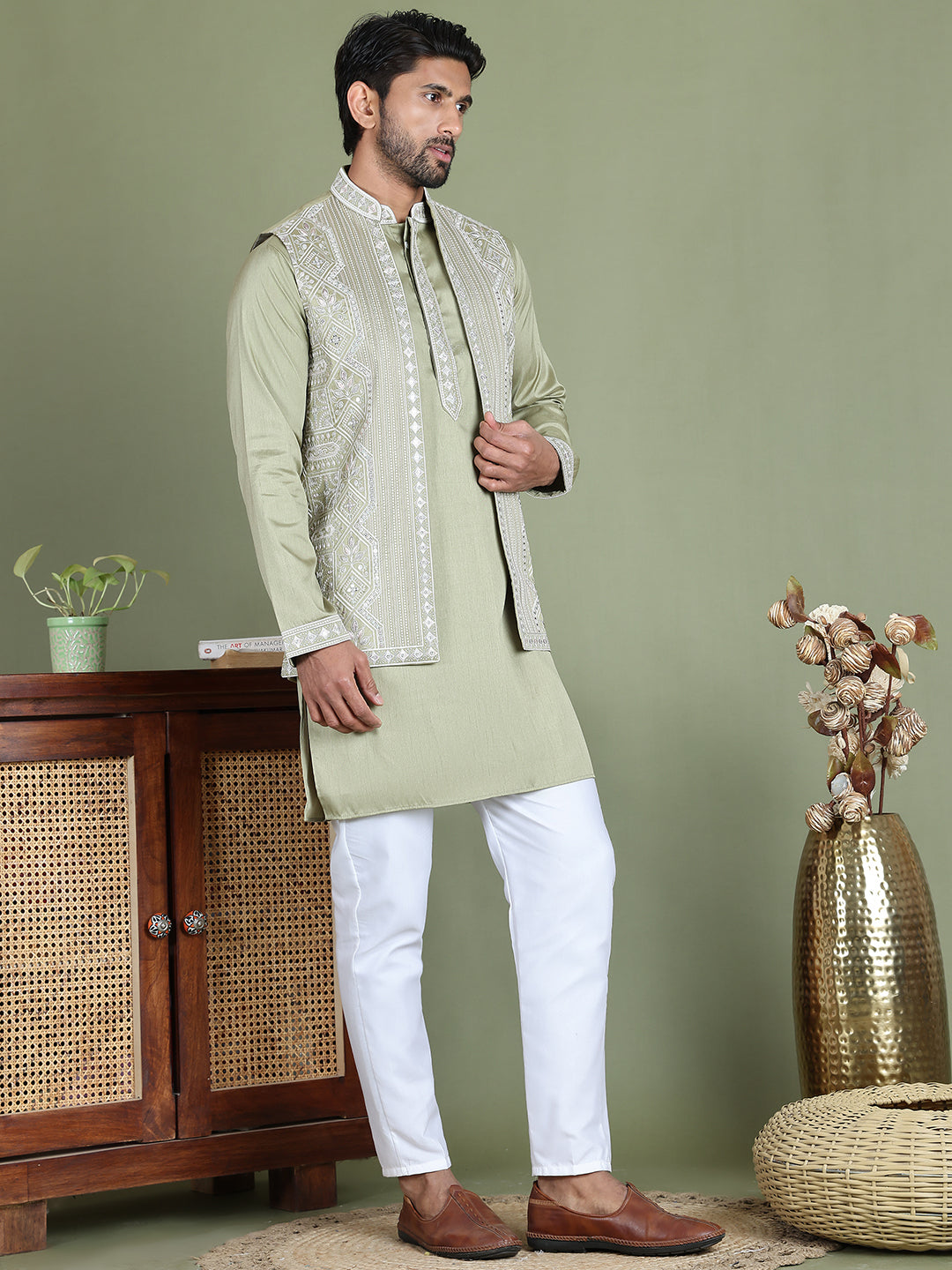 Embroidered Waistcoat And Kurta Pyjama For Men
