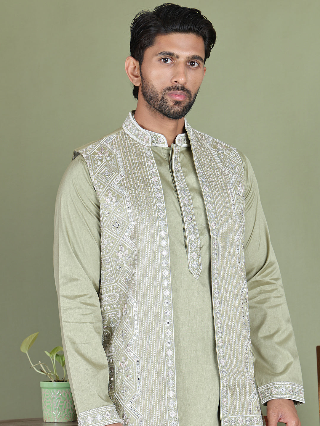 Embroidered Waistcoat And Kurta Pyjama For Men