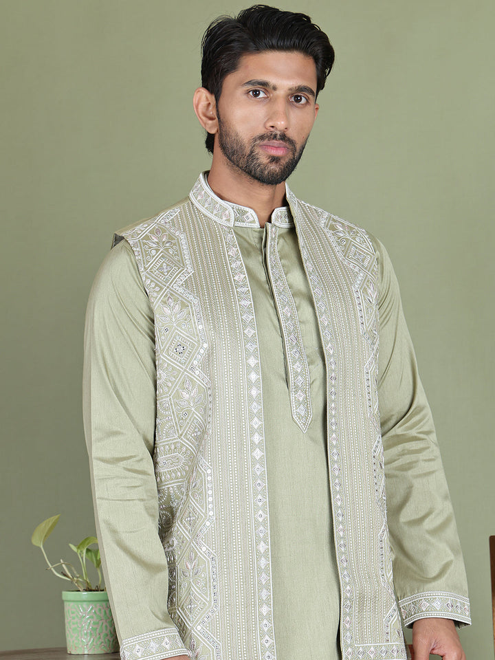 Embroidered Waistcoat And Kurta Pyjama For Men