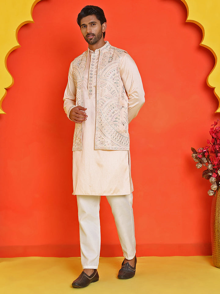 Embroidered Waistcoat And Kurta Pyjama For Men