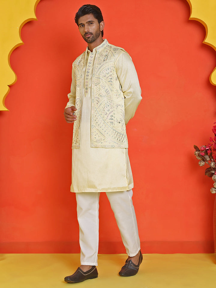 Embroidered Waistcoat And Kurta Pyjama For Men
