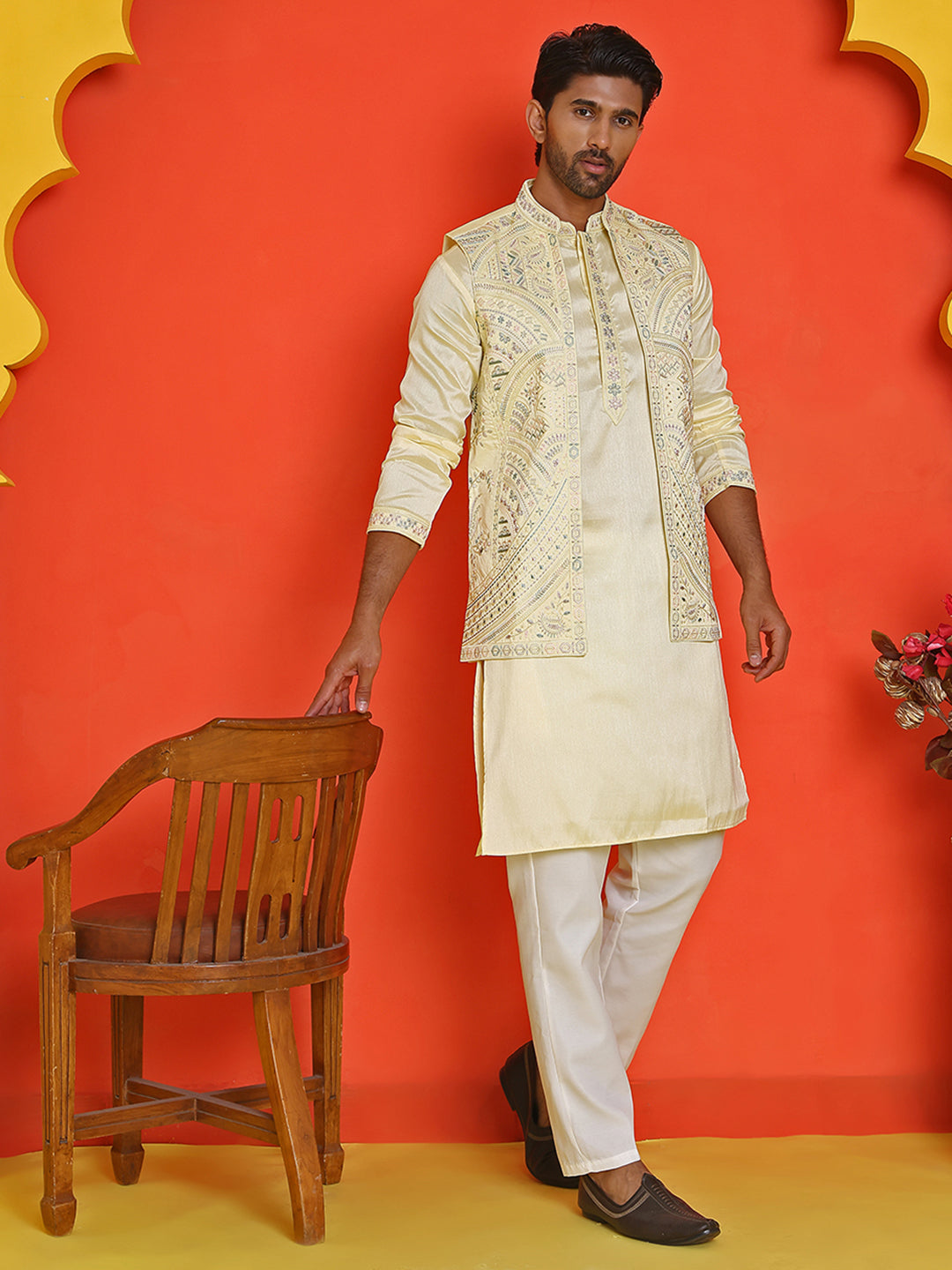 Embroidered Waistcoat And Kurta Pyjama For Men