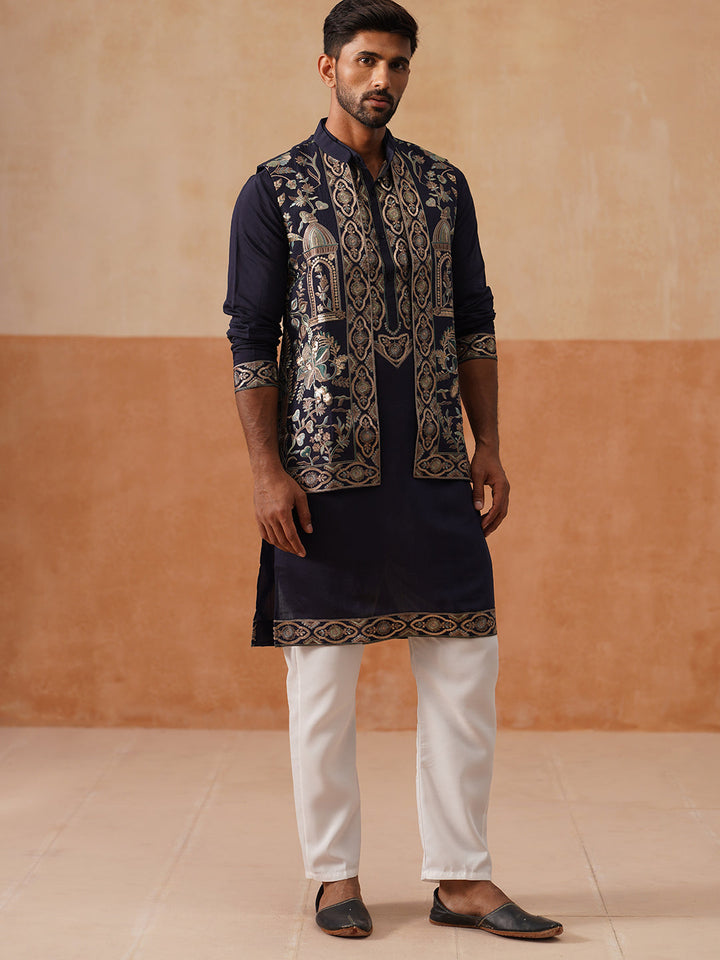 Embroidered Waistcoat And Kurta Pyjama For Men
