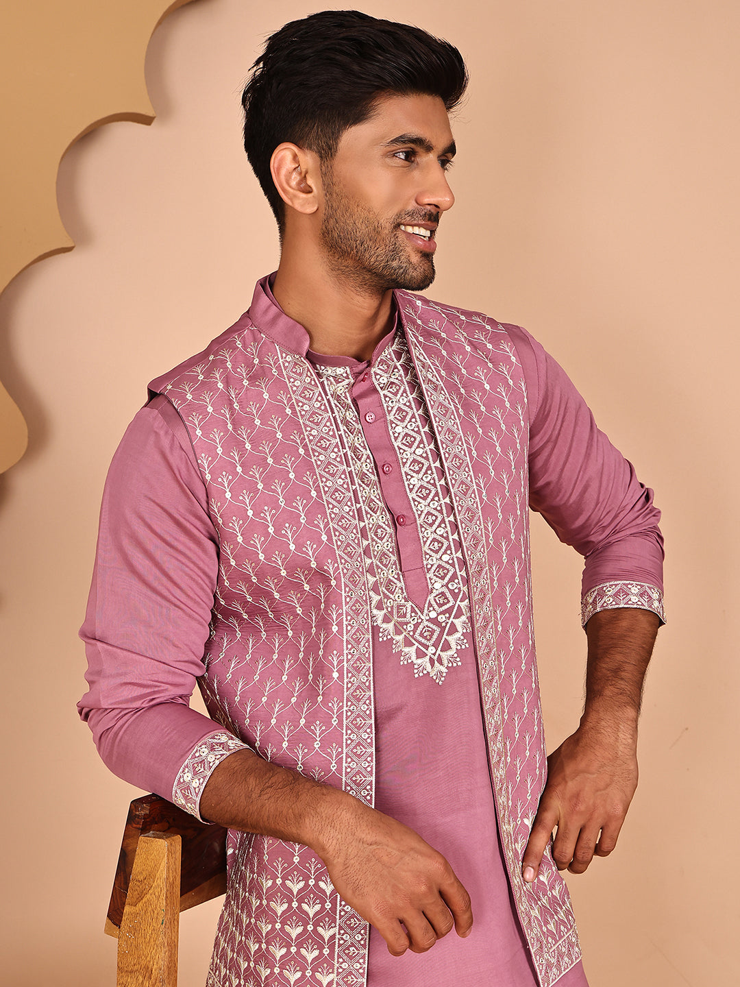 Classic Magenta Kurta Pyjama With Embroidered Waistcoat
