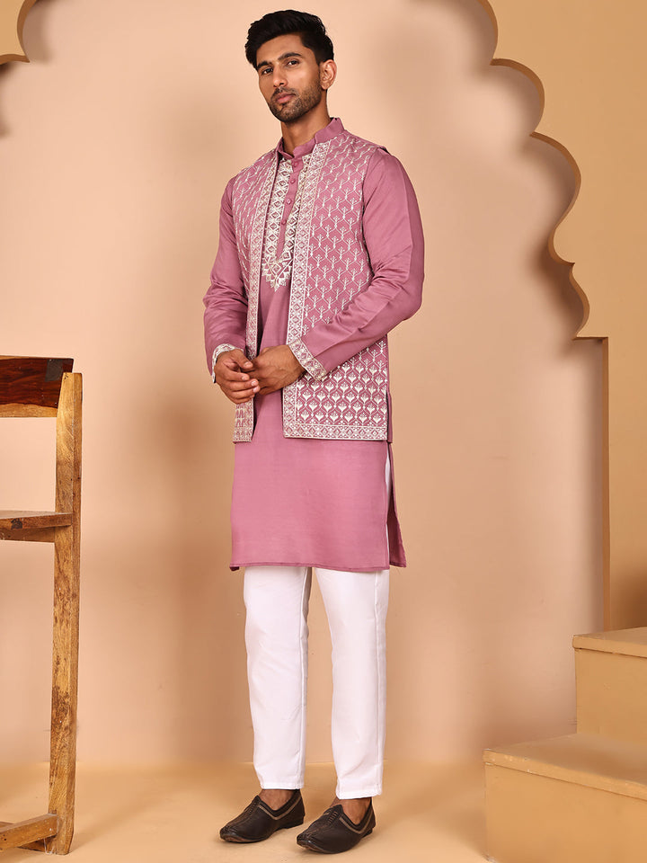 Classic Magenta Kurta Pyjama With Embroidered Waistcoat