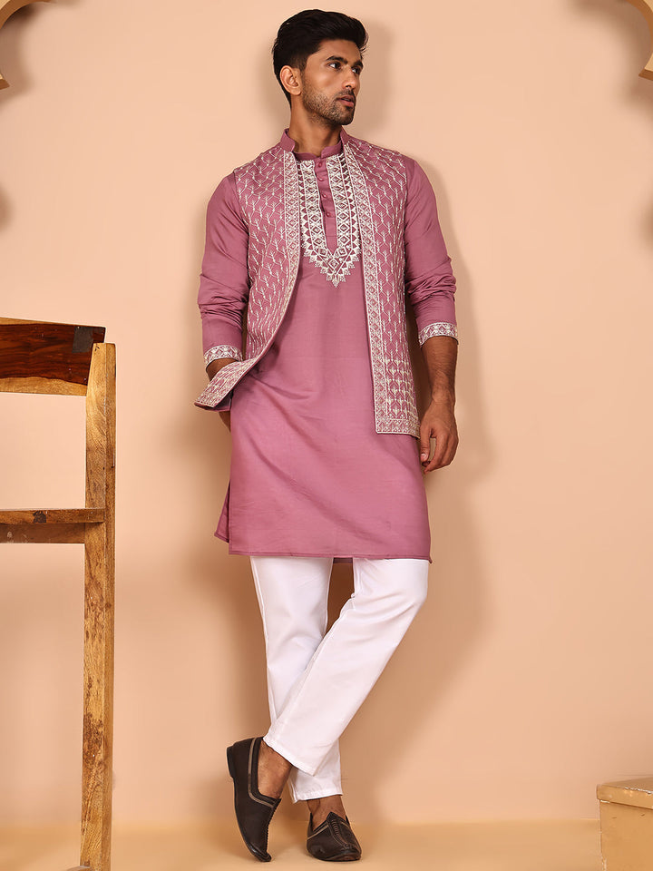 Classic Magenta Kurta Pyjama With Embroidered Waistcoat