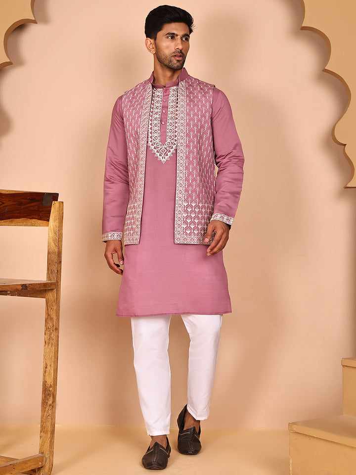 Classic Magenta Kurta Pyjama With Embroidered Waistcoat