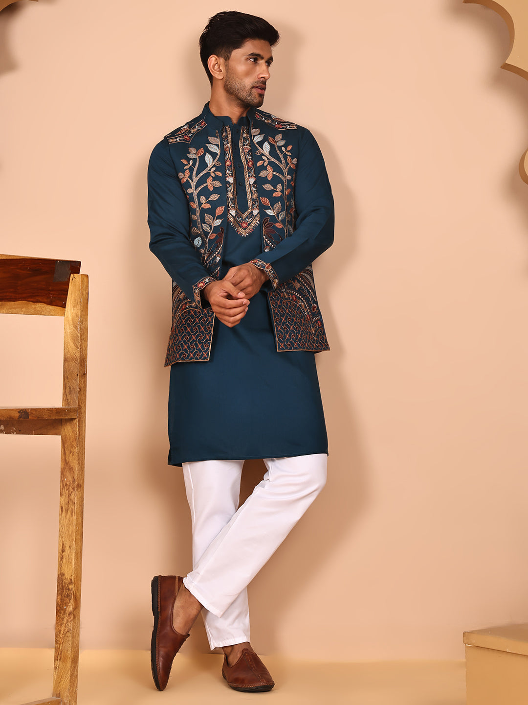Elegant Leaf Embroidered Waistcoat With Kurta Pyjama