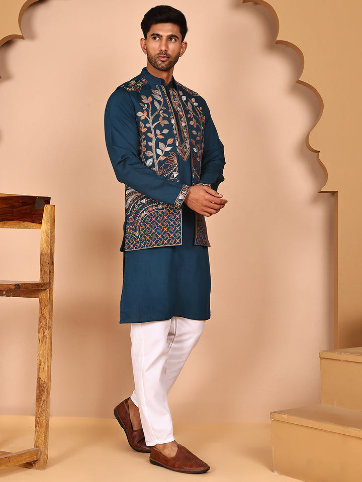 Elegant Leaf Embroidered Waistcoat With Kurta Pyjama