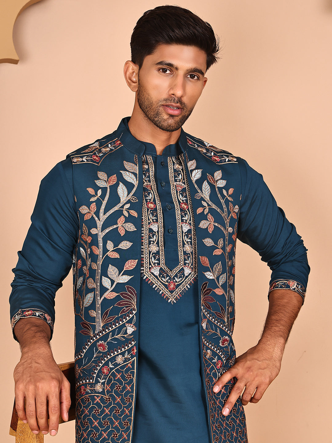 Elegant Leaf Embroidered Waistcoat With Kurta Pyjama