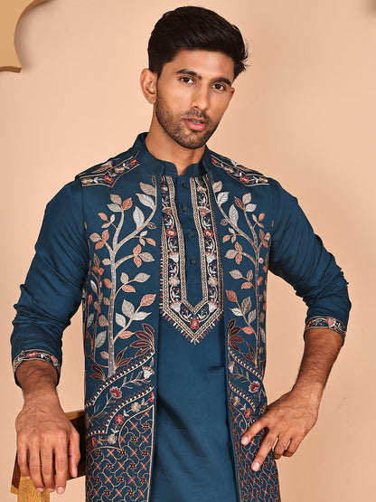 Elegant Leaf Embroidered Waistcoat With Kurta Pyjama