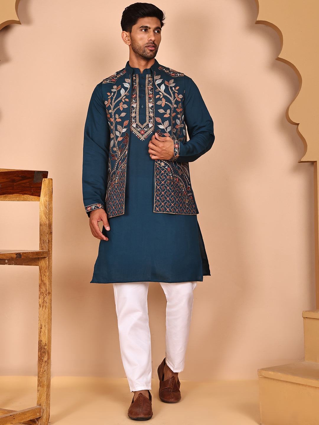 Elegant Leaf Embroidered Waistcoat With Kurta Pyjama