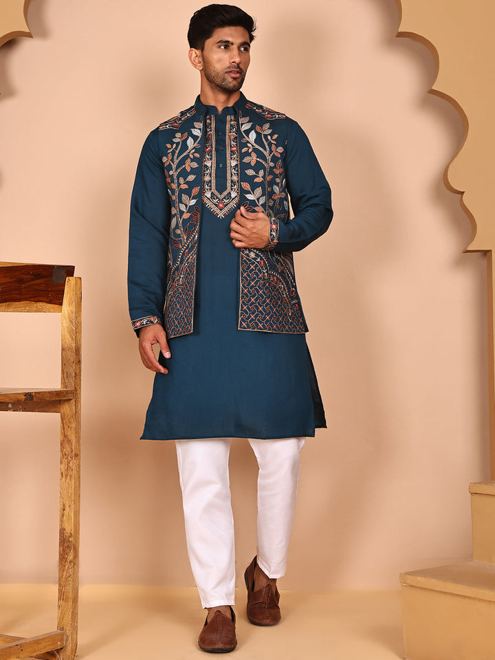 Elegant Leaf Embroidered Waistcoat With Kurta Pyjama