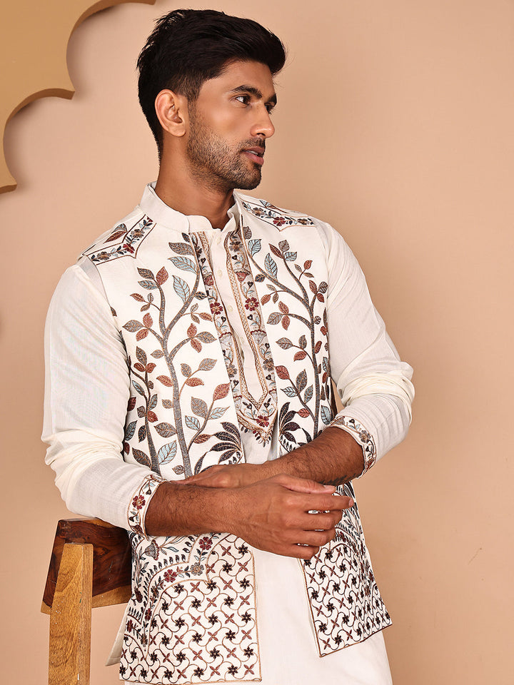 Elegant Leaf Embroidered Waistcoat With Kurta Pyjama