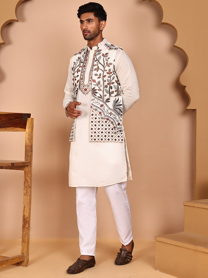 Elegant Leaf Embroidered Waistcoat With Kurta Pyjama