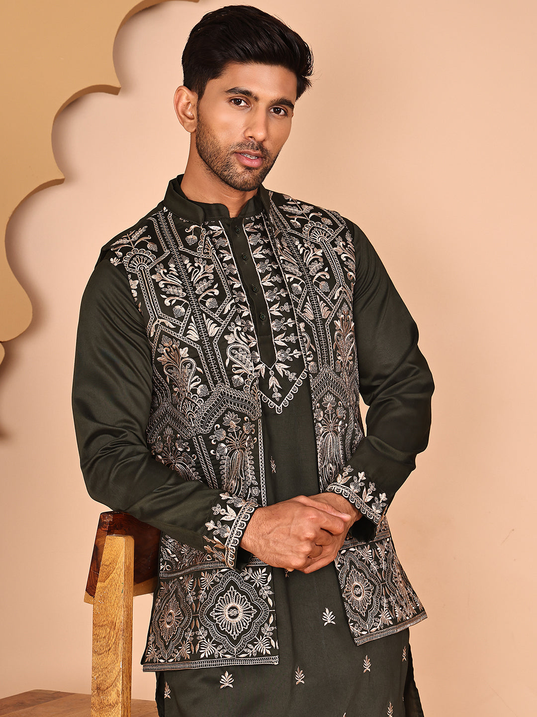 Embroidered Jacket With Classic Olive Kurta Set