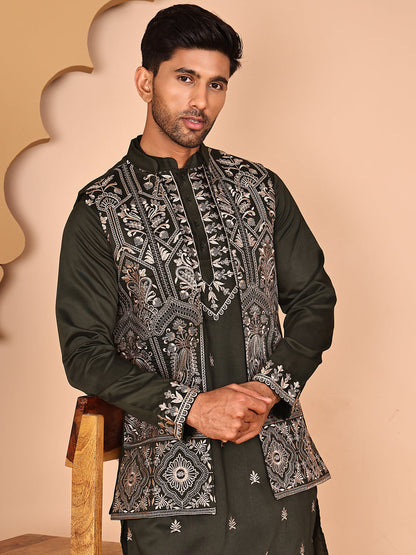 Embroidered Jacket With Classic Olive Kurta Set