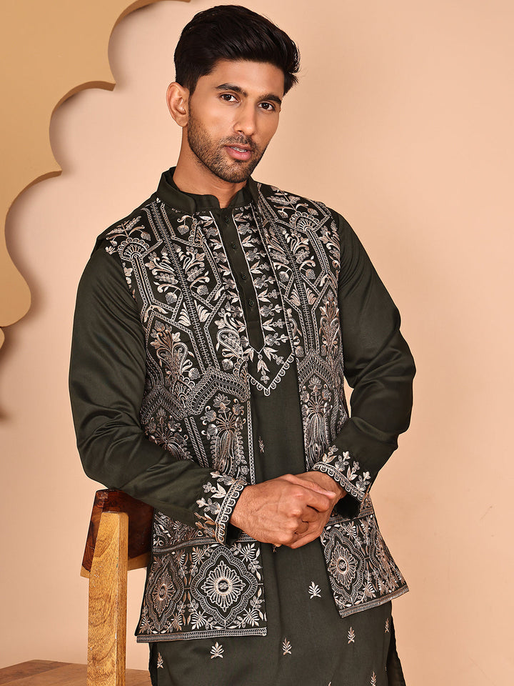 Embroidered Jacket With Classic Olive Kurta Set