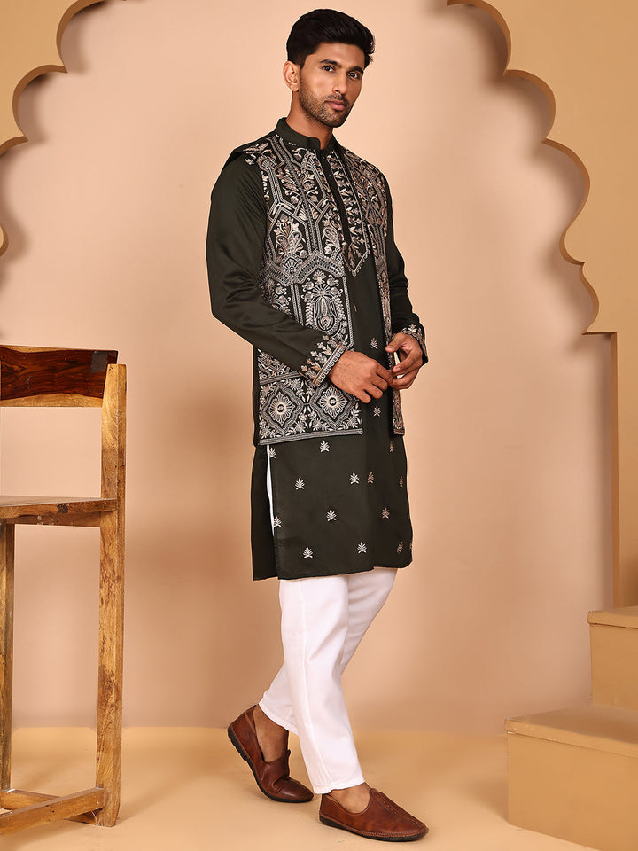 Embroidered Jacket With Classic Olive Kurta Set