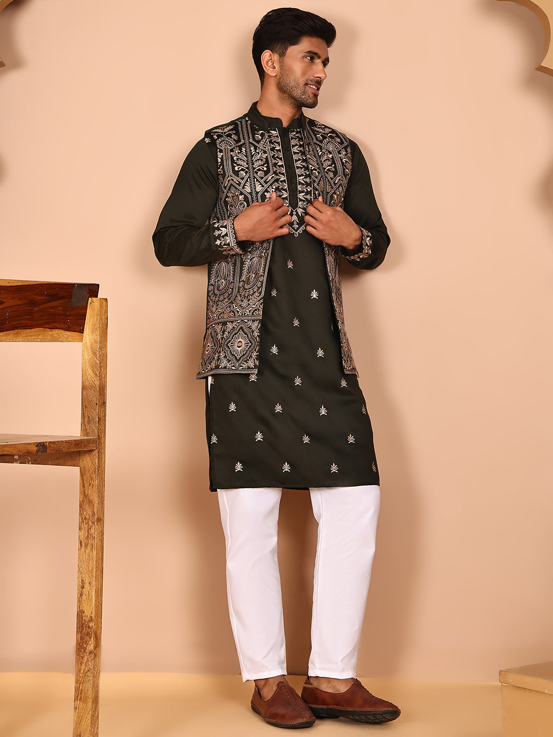 Embroidered Jacket With Classic Olive Kurta Set