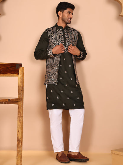 Embroidered Jacket With Classic Olive Kurta Set