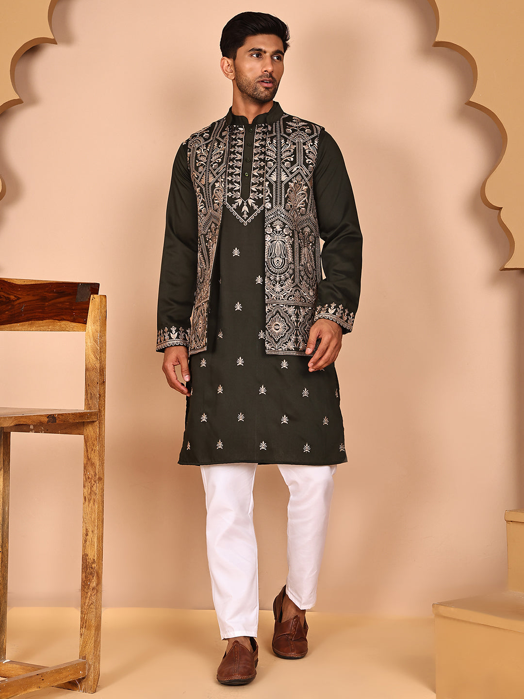 Embroidered Jacket With Classic Olive Kurta Set