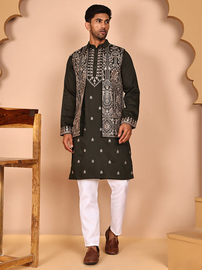 Embroidered Jacket With Classic Olive Kurta Set