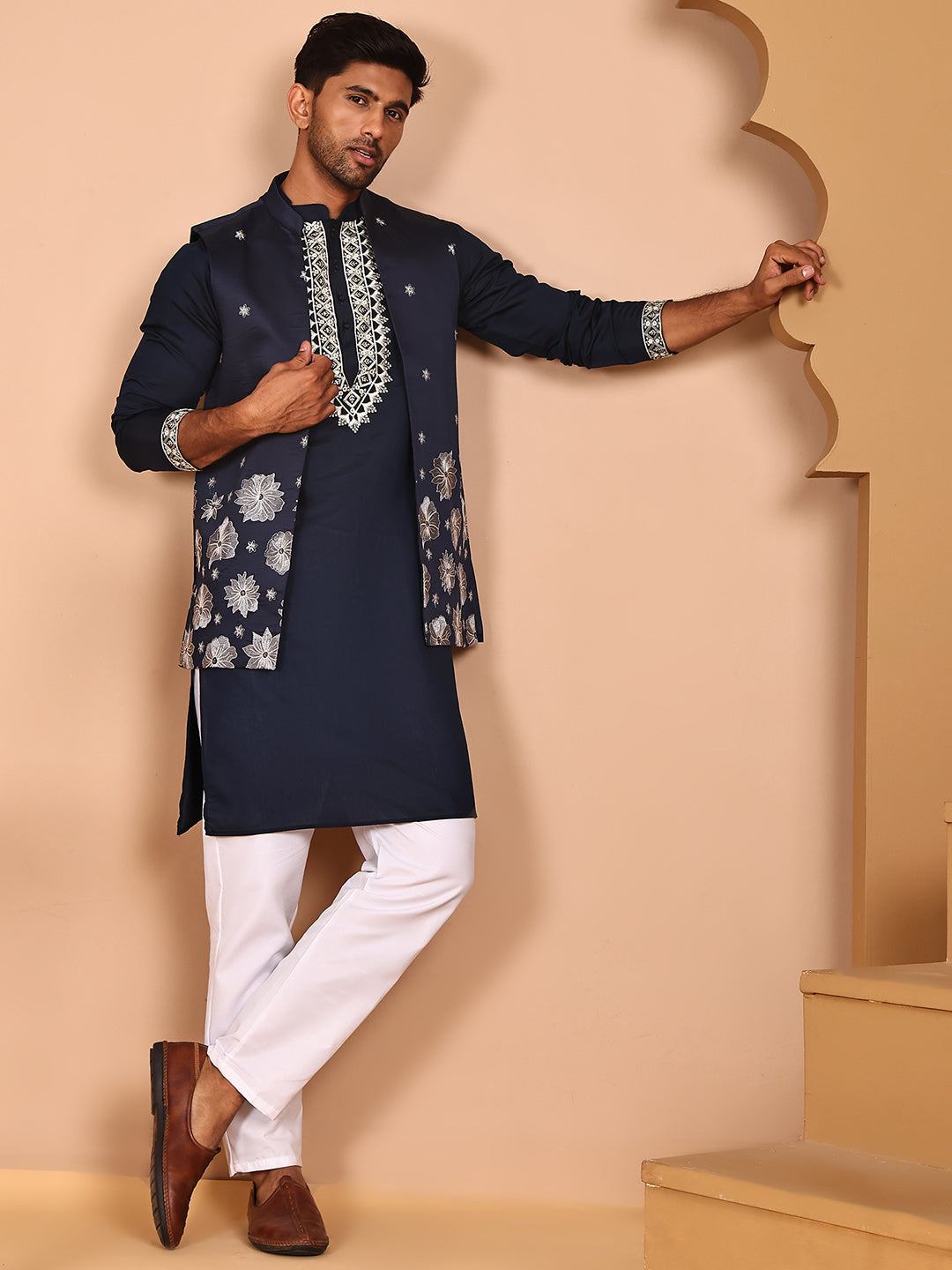 Navy Blue Kurta Set With Floral Embroidered Waistcoat