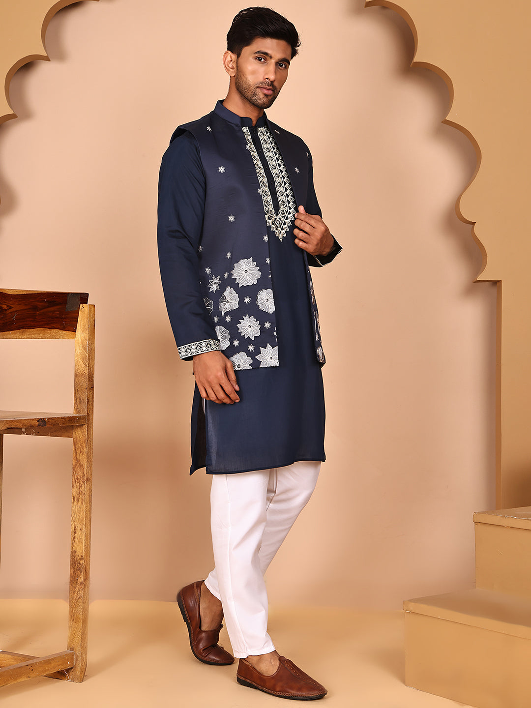 Navy Blue Kurta Set With Floral Embroidered Waistcoat