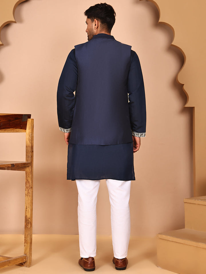 Navy Blue Kurta Set With Floral Embroidered Waistcoat