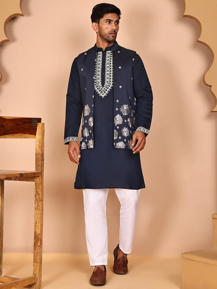 Navy Blue Kurta Set With Floral Embroidered Waistcoat