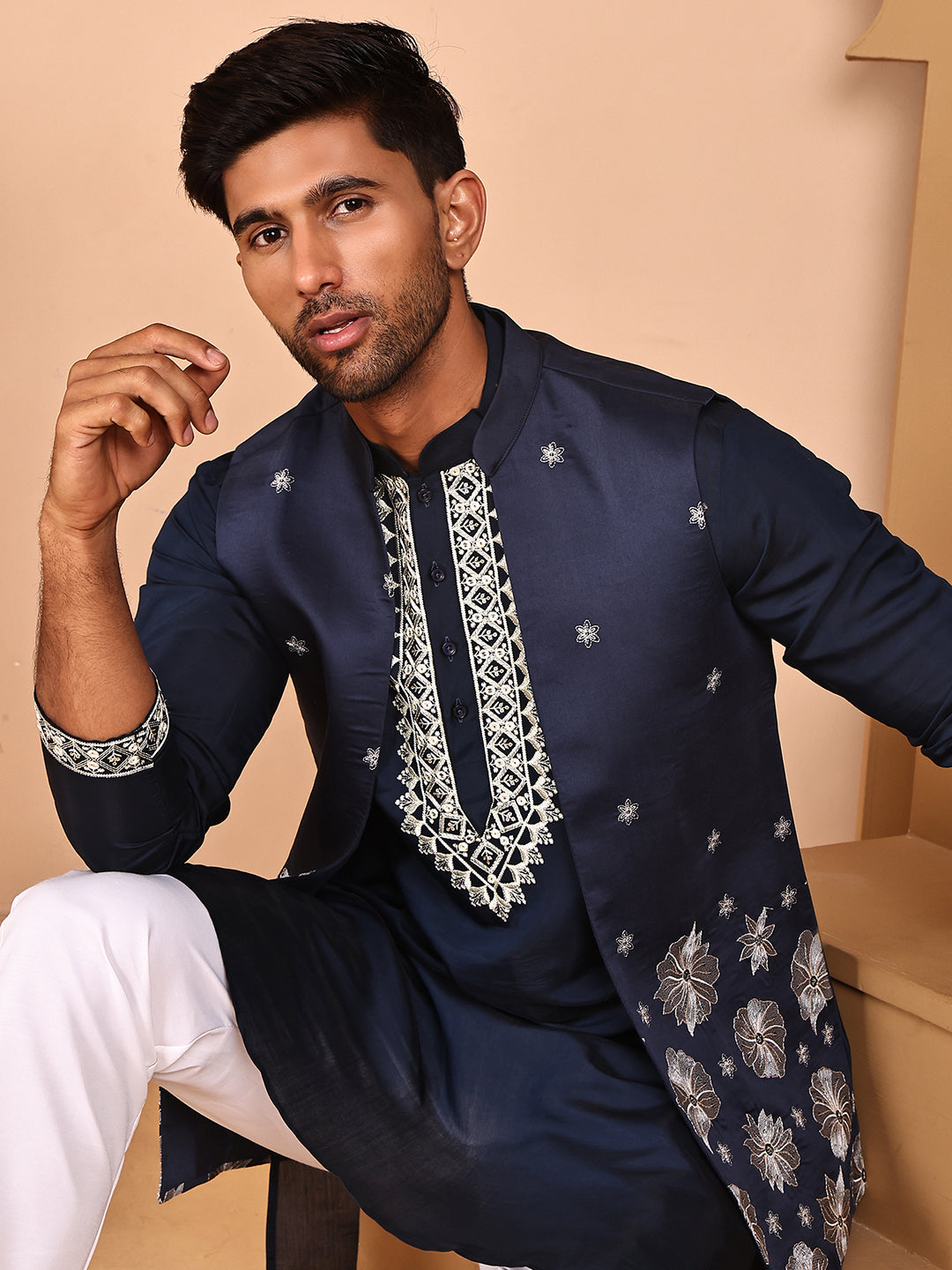 Navy Blue Kurta Set With Floral Embroidered Waistcoat