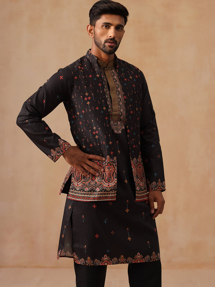 Printed Silk Blend Kurta With Matching Printed Waistcoat Set