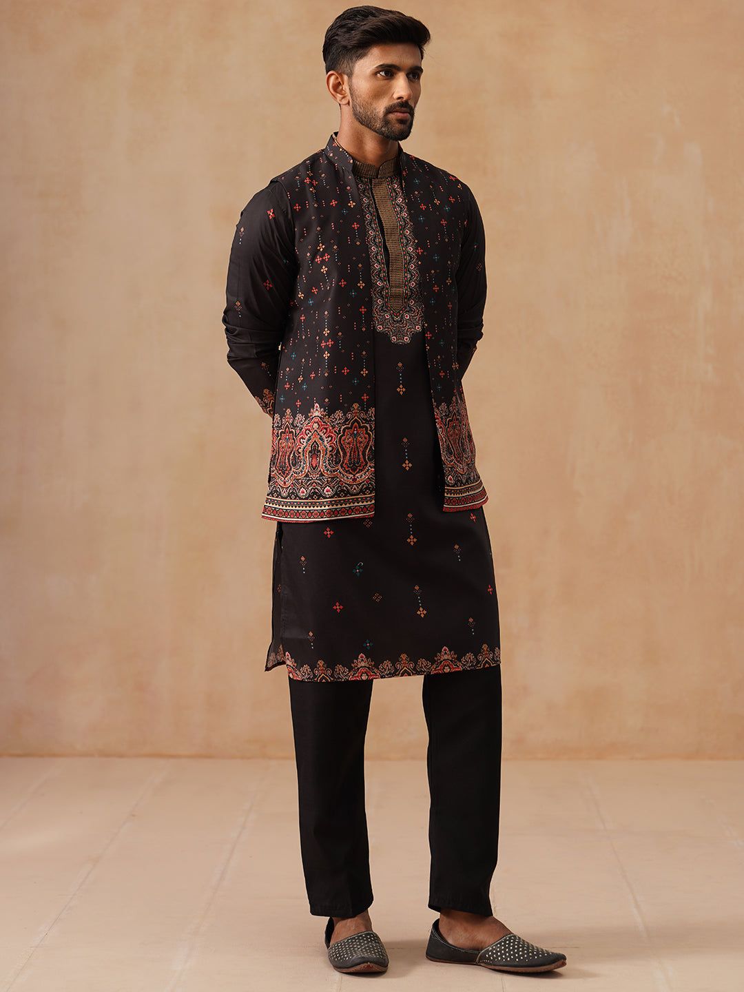 Printed Silk Blend Kurta With Matching Printed Waistcoat Set