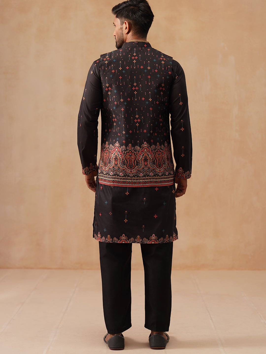 Printed Silk Blend Kurta With Matching Printed Waistcoat Set