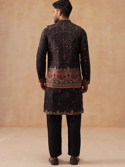 Printed Silk Blend Kurta With Matching Printed Waistcoat Set