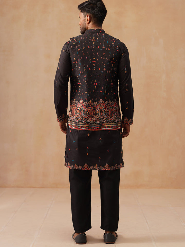 Printed Silk Blend Kurta With Matching Printed Waistcoat Set