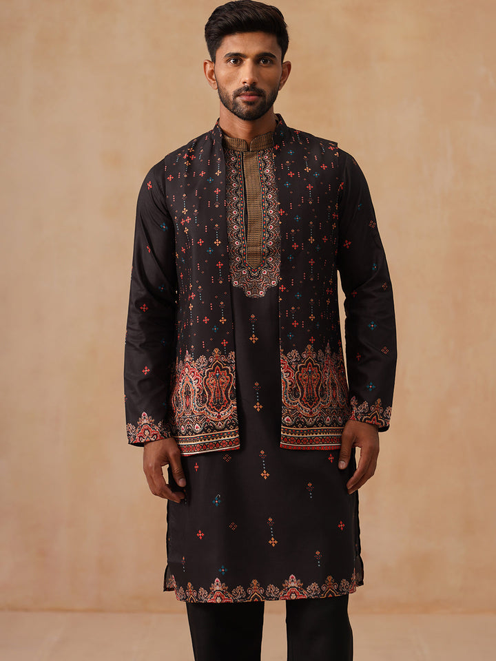 Printed Silk Blend Kurta With Matching Printed Waistcoat Set